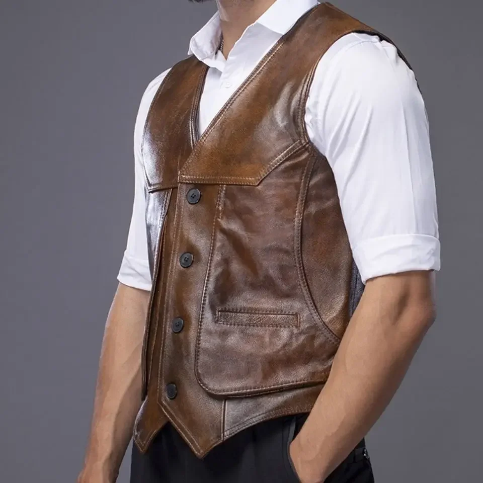 Men Vests First Layer Cowhide Leather Vest Men's Multi-pocket Slim Vest Keep Warm In Spring and Autumn