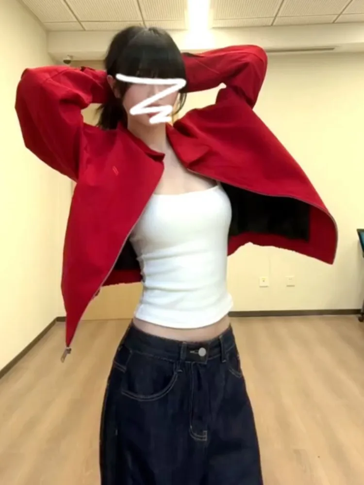 

Легкая женская куртка-бомбер на осень-зиму, красная, с отложным воротником, новая модель 2025 года