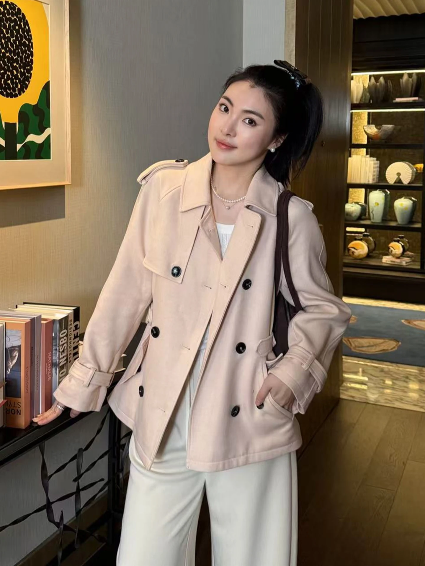 

Ветровка Ele ort в нежно-розовом британском стиле с двойной застежкой на пуговицах и поясом для регулировки талии, повседневная верхняя одежда для женщин