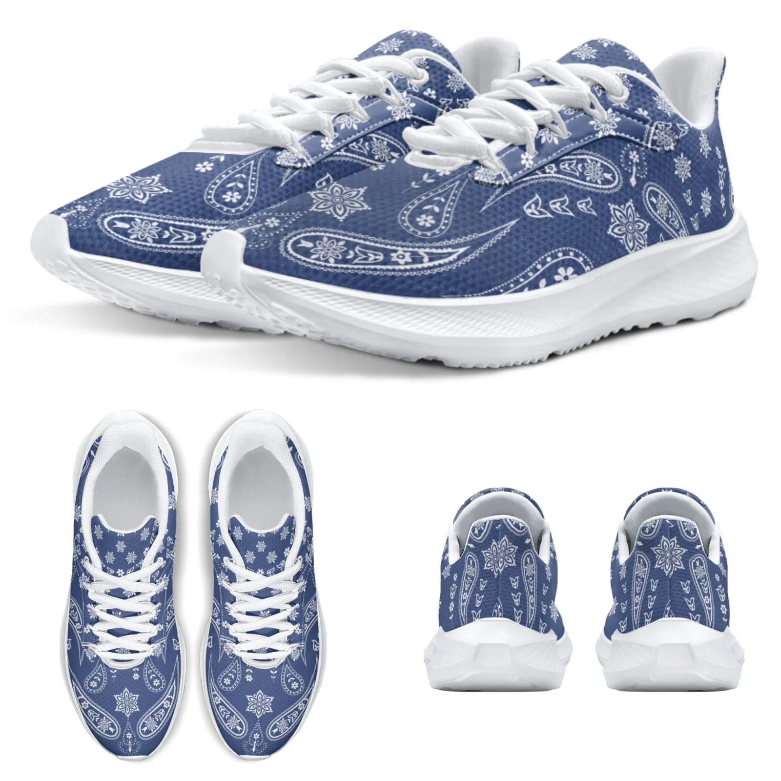 INSTANTARTS Hot Boho Cashew Flower Girls Tennis Shoes Comfortable Lace Up Blue Floral Shoes Running Shoes White Lace Up Footwear