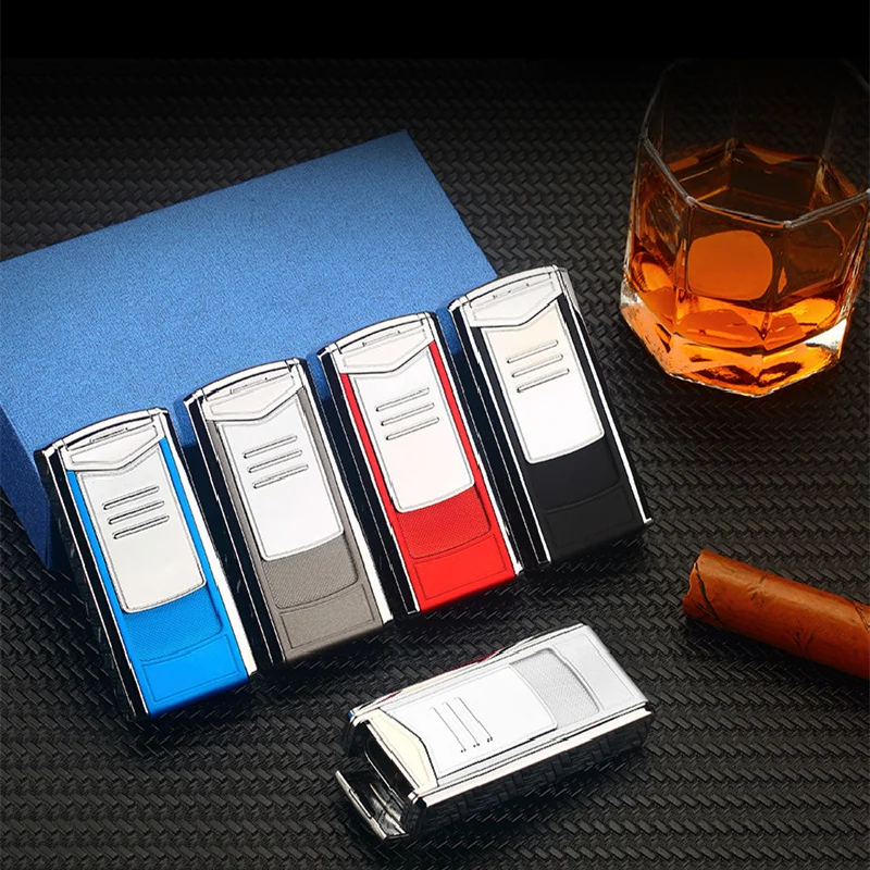 Creative Strong Outdoor Windproof Butane Gas Lighter Blue Flame Straight Jet Metal Turbo Three Torch Cigar Tool Men\'s Gift