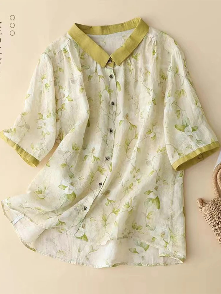 

Green Floral Linen Casual Shirt Women's Short Sleeve Lightweight Breathable Loose Versatile Summer Neck Cotton Linen Top
