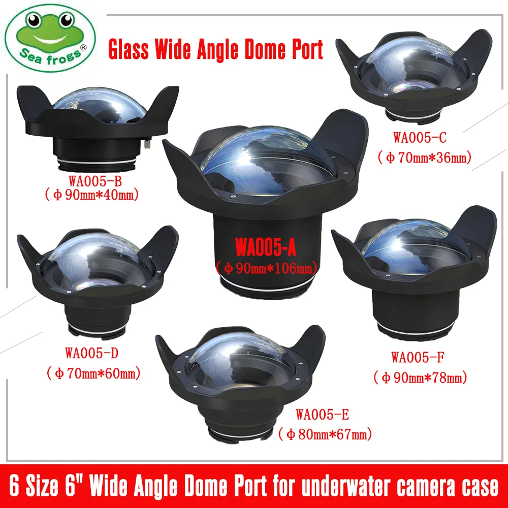 Seafrogs 6 Size WA005-A/B/C/D/E/F 40M/130FT 6 Inch Wide Angle Glass Dome Port Lens for Waterproof Underwater Camera Housing Case