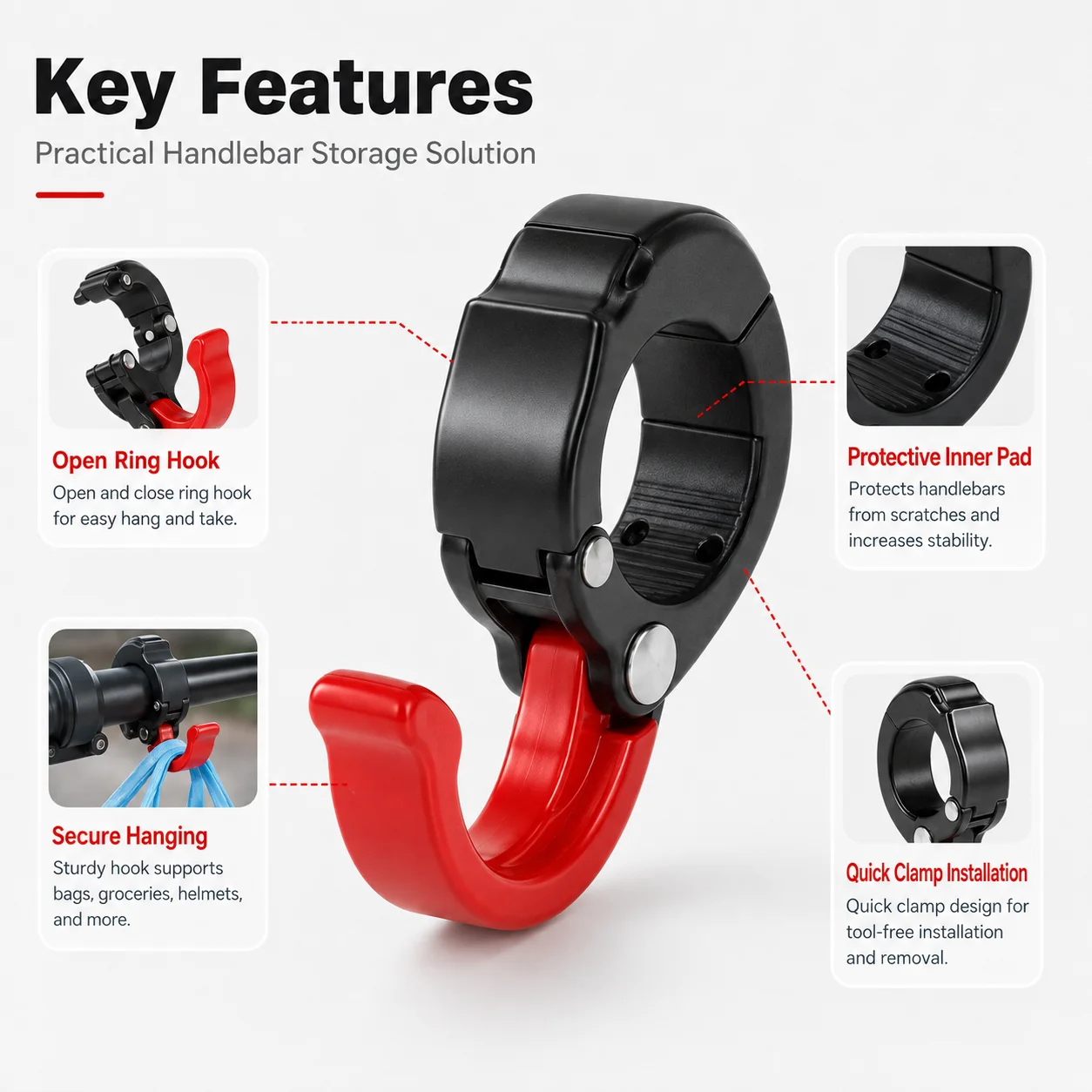 PINMOAP 1PC Motorcycle No-Drill Hook With Anti-Slip Pad Heavy Duty Handlebar Bag Hanger For Helmet Backpack Grocery Daily Gears