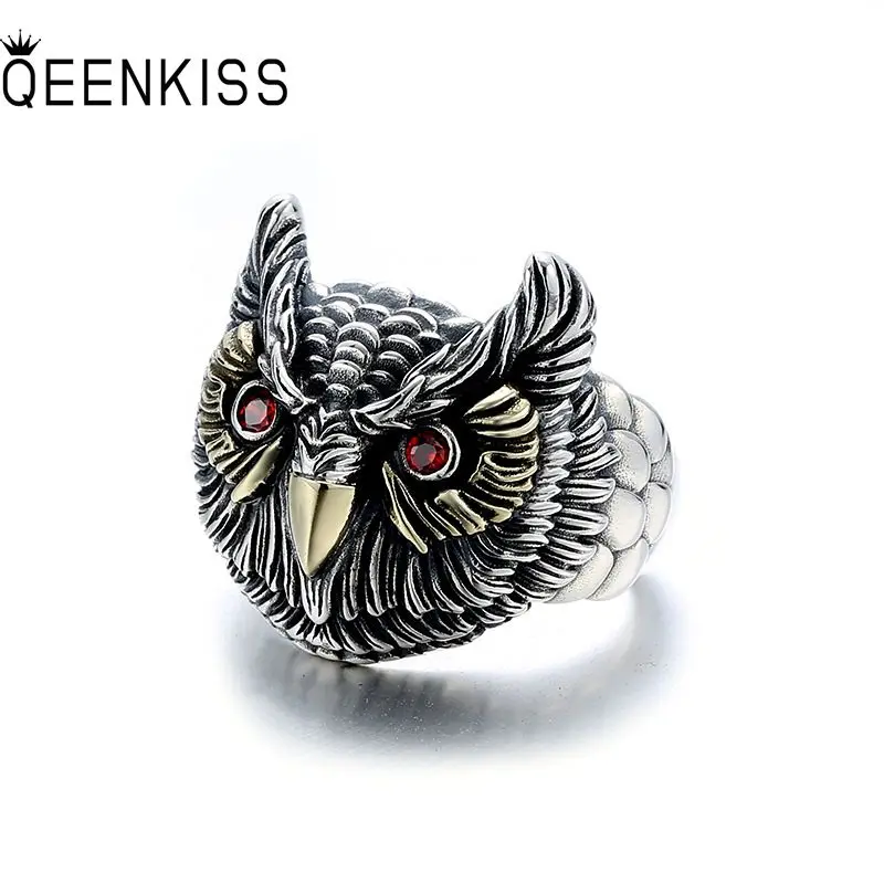 

QEENKISS 925 Sterling Silver Vintage Owl Rings for Men Wedding Party Birthday Christmas Groom Father Boyfriend Gifts RG6885