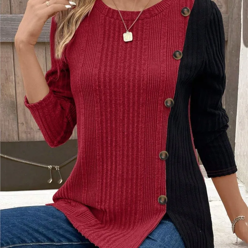 Button-stitched Color-blocked Round Neck Long-sleeved Pullover Top Women Spring Summer Versatile Commuting Versatile T-shirt Top