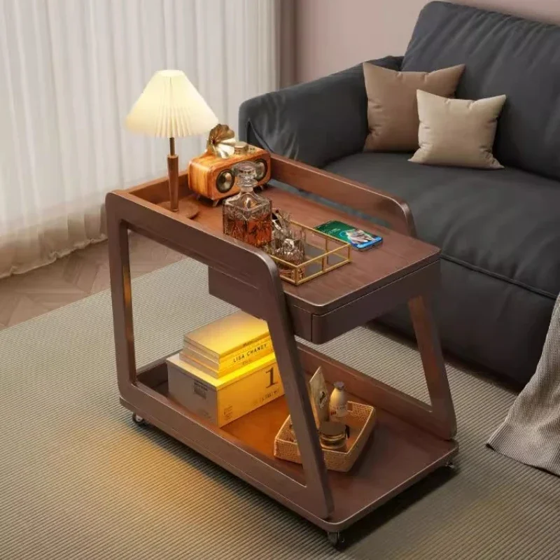 Rubber Wood Side Table  Multi-functional Double-layer Sofa Coffee Table  Movable Hotel Cafe Trolley Retro Snack Display Rack