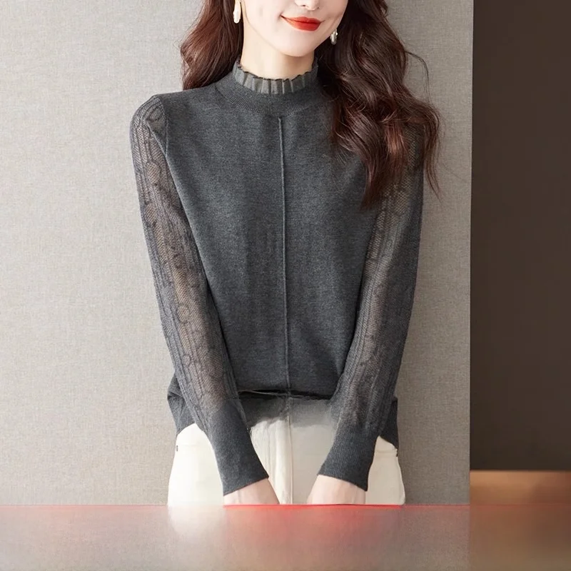 Outlets Autumn Winter Knitted Lace Base irt f High Collar Top Layered Clothing Korean Sle Loose Fit Long Sve