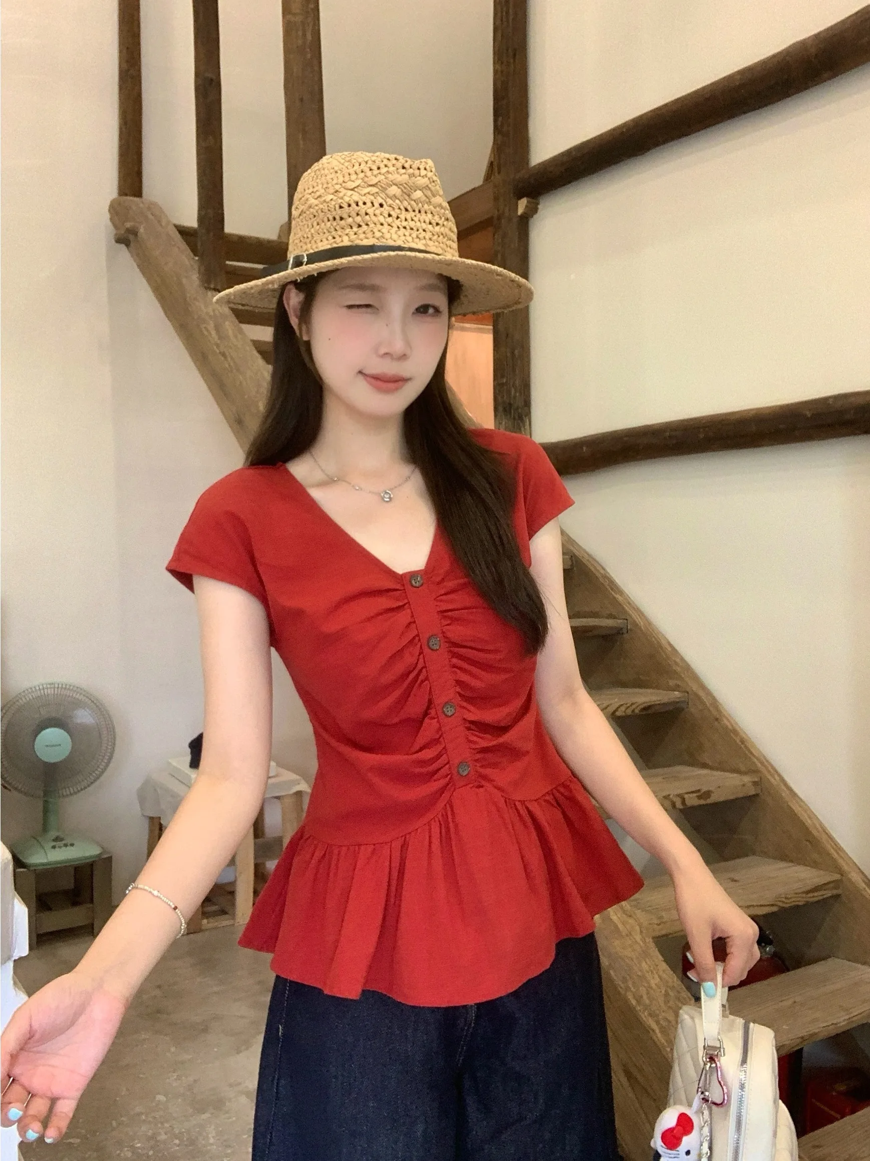 

Elegant plus Size Women's Shirt V-Neck Pleated Waist-Cinching Summer New Design Sensation Fashionable Top Korean Style Slim Fit