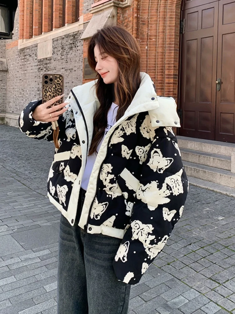 Winter Print Butterfly Hooded Parker Down Jacket Women White Duck Down Patchwork Jackets Coat Female Zipper Warm Thick Outwears