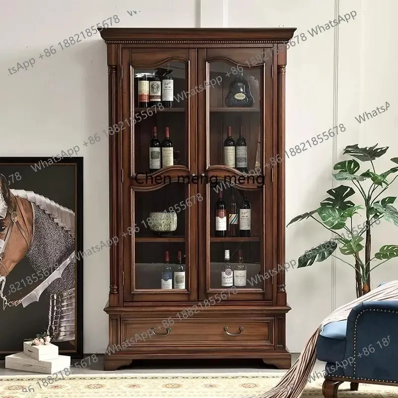

American all-solid wood wine cabinet display living room retro storage antique double door decorative cabinet storage