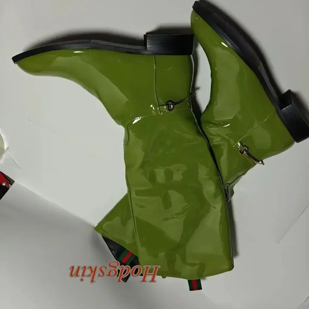 Solid Patent Leather Metal Boots Knee High Chunky Low Heel Slip On Round Toe Boots Fashion 2025 New Arrivals Casual Winter Boots