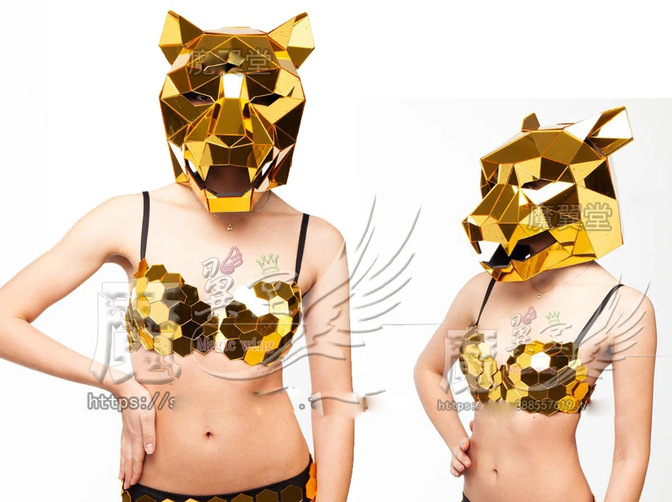 Cosplay Gold Mirror costume hat Luxury Party Bar Nightclub Future Technology Female Animal Mask Singer dj Dance Team Stage wear