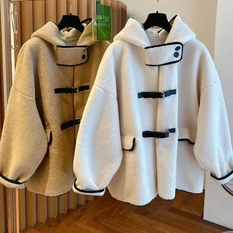 

Plus Size Women's Hooded Lamb Fur Jacket Casual Outerwear Autumn Winter Elegant Personality M300 Pounds Design Sense