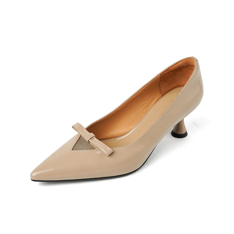 Women Pumps Dress Shoes Thin Heel Elegant Bowtie Woman Genuine Leather Nude Shoes Pointed Toe Wedding Party Retro Spring Shoes
