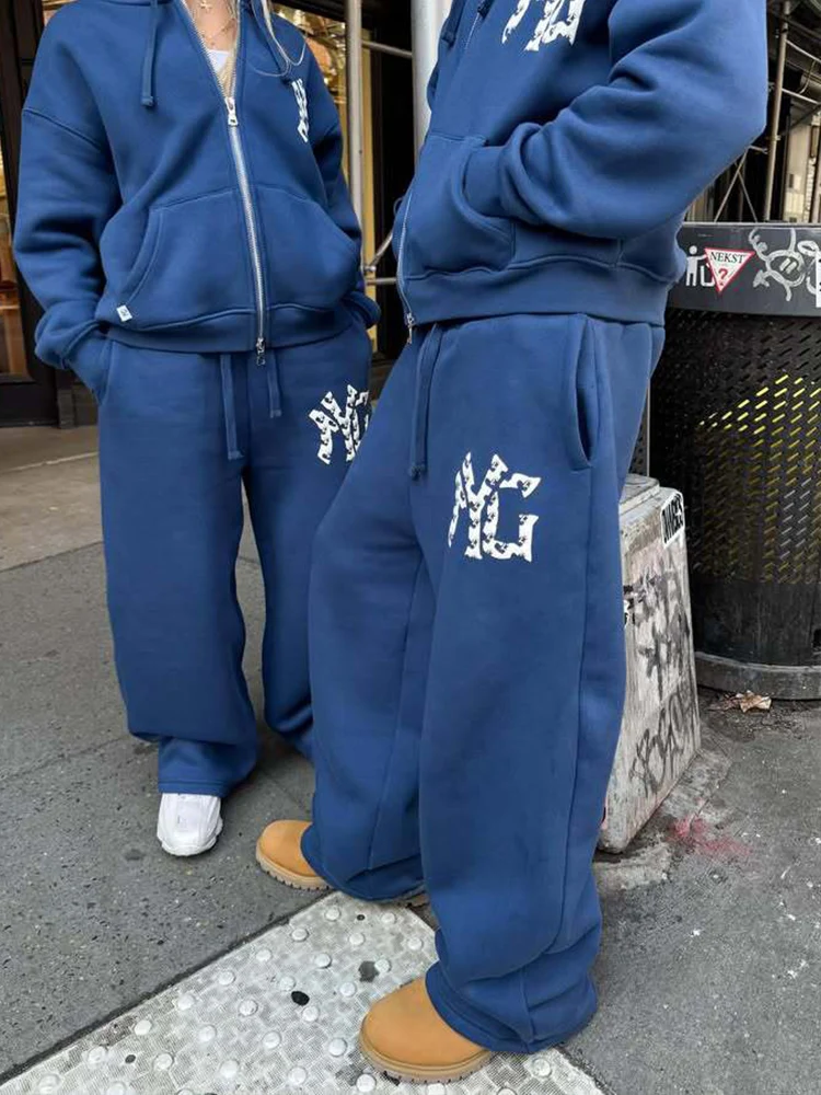 Hip-hop traje de viento de calle americana con cremallera suéter con capucha Pantalones rectos tendencia personalidad calle alta 2025 traje de otoño e invierno