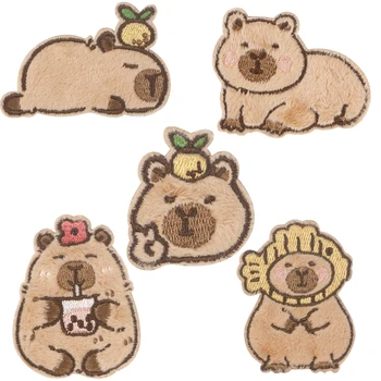 Patch bordado capivara dos desenhos animados, ferro em patches na mochila roupas, patches bonitos para casacos DIY costurar adesivos, 5 pcs por conjunto