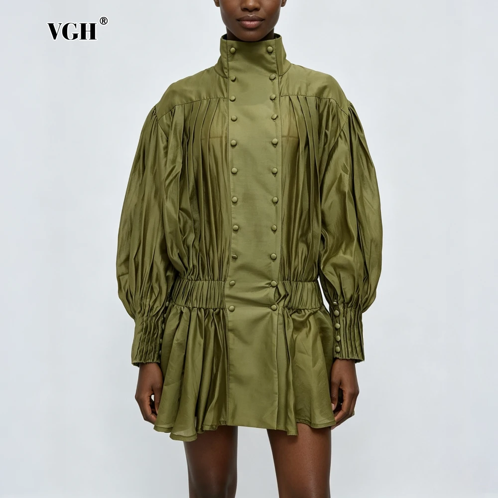 VGH Modern Pleated Mini Women Dresses Stand Collar Long Sleeve Vintage Loose Dress for Streetwear Daily Wear Summer Fashion New