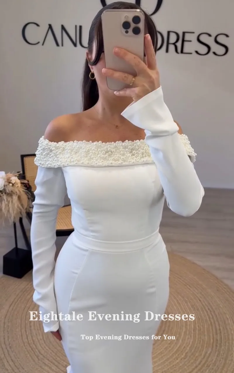 Robe de soirée arabe de quatre-quarts, personnalisée, perlée avec perles, manches longues, en Satin extensible, sirène, robes de bal de mariage