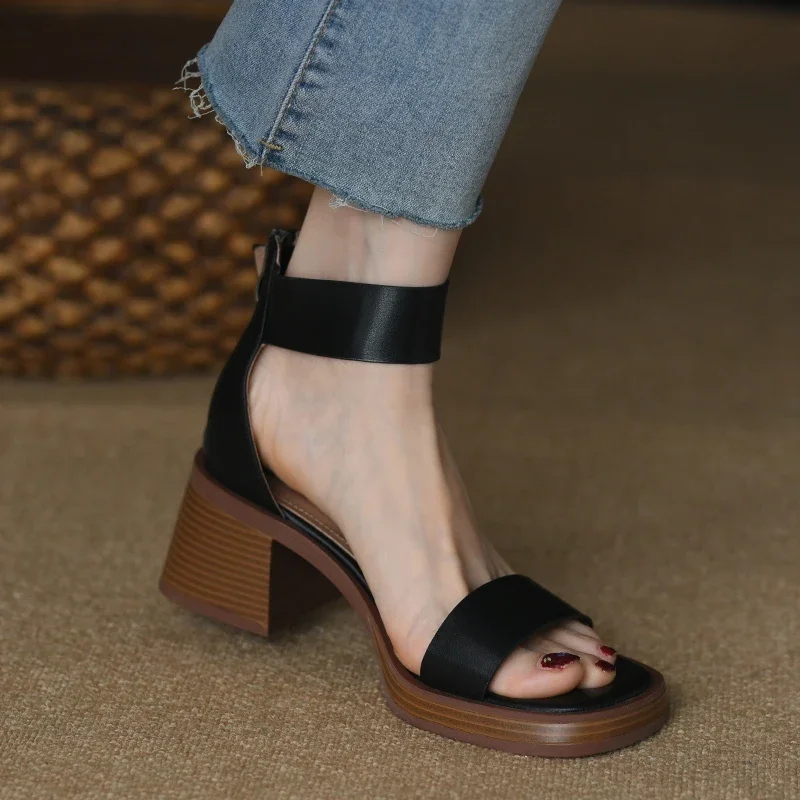 Free Shipping PU Mid Heel Sandals 2023 High Quality Buckle Strap Ladies Shoes Solid Shallow Square Heel Fashion Women\'s Sandals