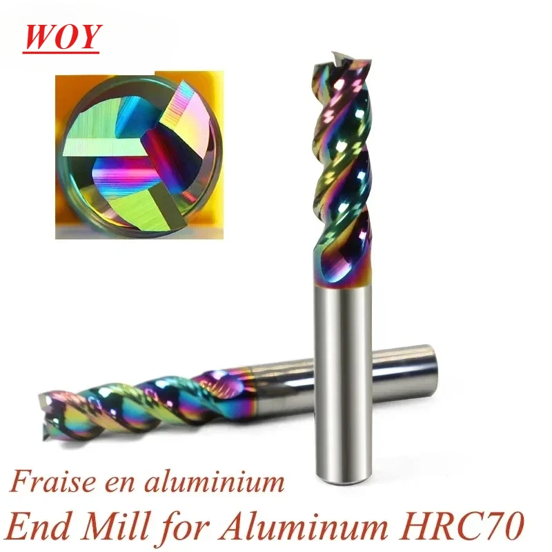 WOY 1pc hrc70 3Flutes Tungsten Carbide End Mill Aluminum Bit 1mm 4mm 6mm 8mm 12mm DLC Endmills Metal CNC Hard Alloy Milling