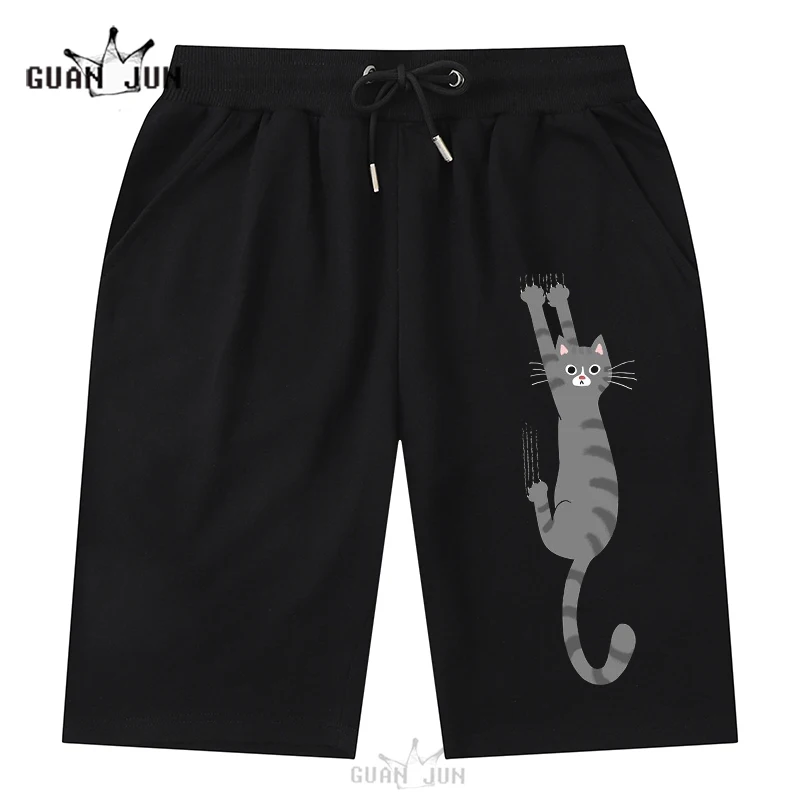 Grey Tabby Cat Hanging on Casual Cotton Shorts Women Men Workout Shorts Funny Gray Striped Cat Holding on With Claws Streetwear