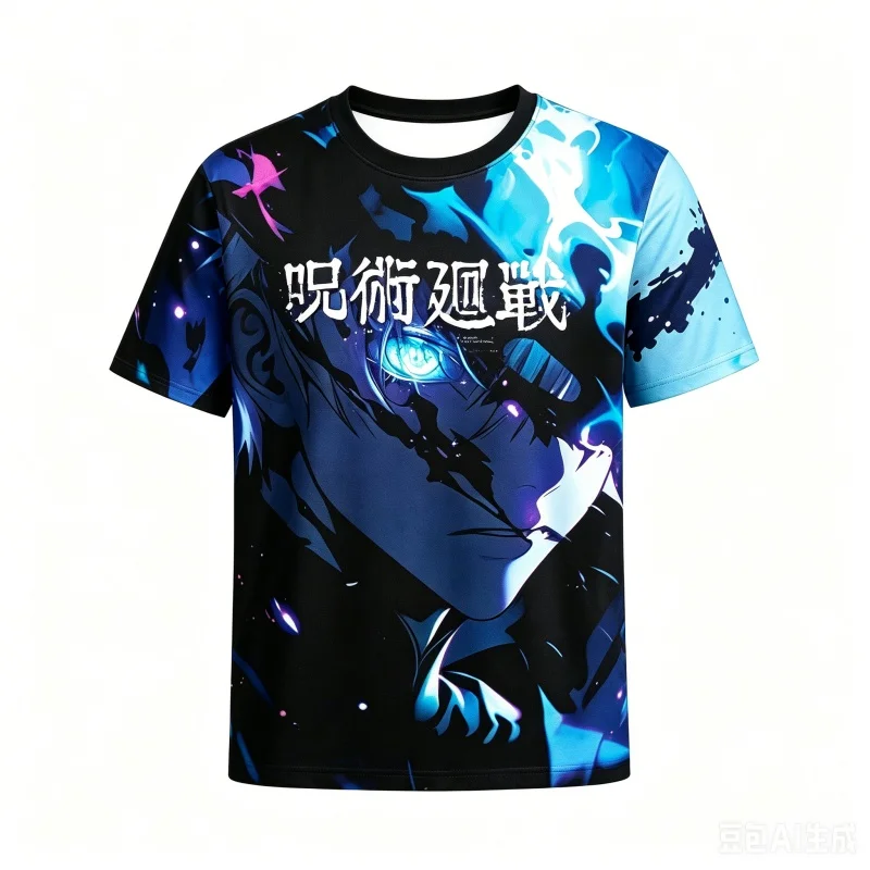 Jujutsu Battle Gojo Wu Short Sleeve Black Blue Flame Glowing Eye Full Screen Printing Anime Casual Street Style T-shirt Top