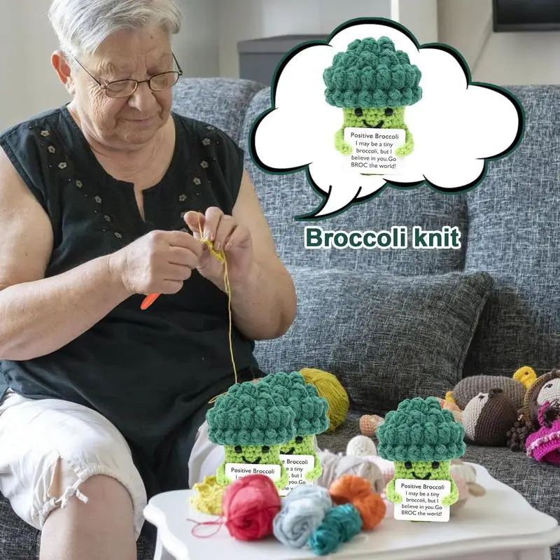 1Pc Positive Crocheted Vegetable with Encouraging Card Emotional Support Handmade Knitting cute Broccoli Doll gift for Kid Adult