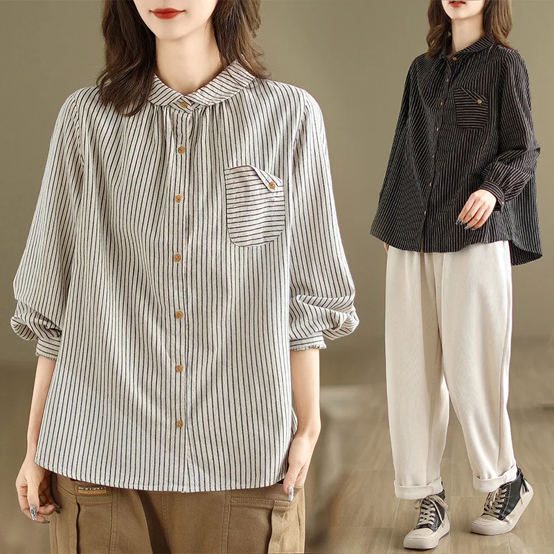 

Bohemian Linen Striped Long Sleeve Shirt Women Loose Plus Size Slim Blouse