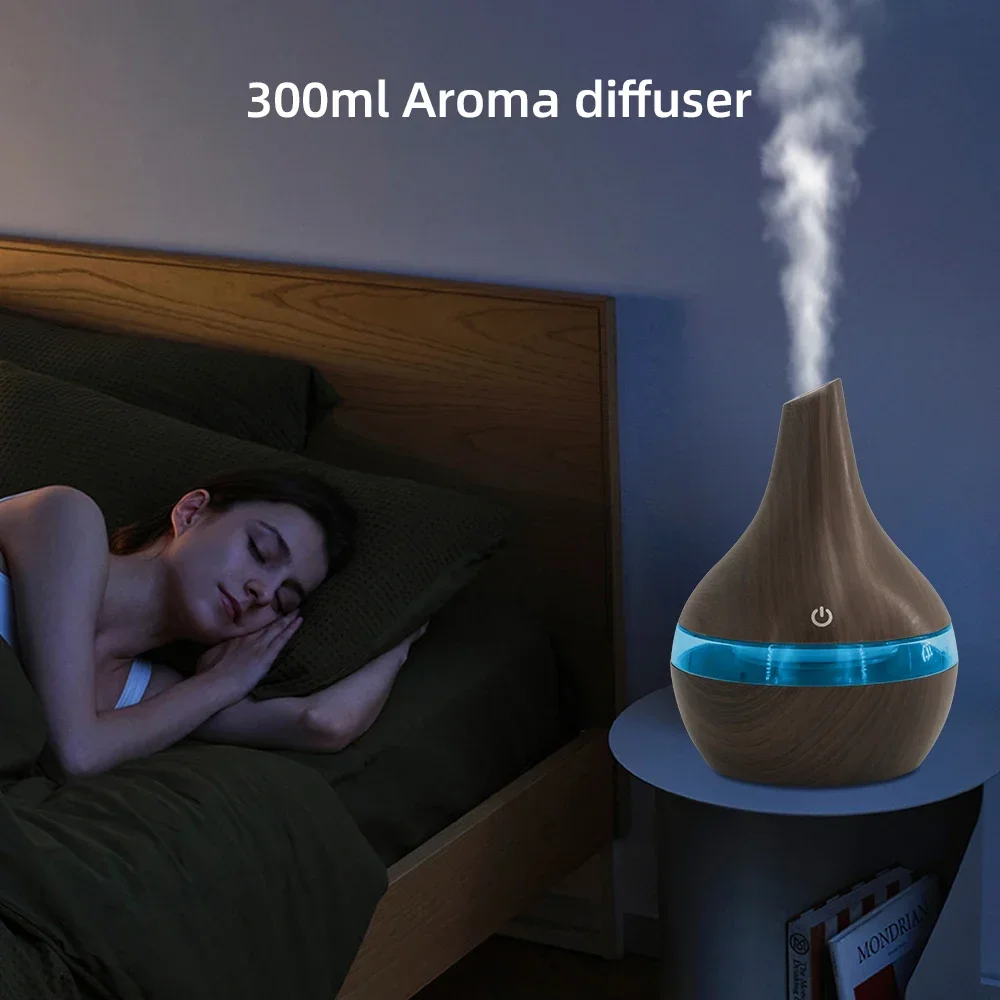 300 ml houtnerf etherische olie diffuser USB-luchtbevochtiger, automatische uitschakeling, stil, BPA-vrij, 2 oliën