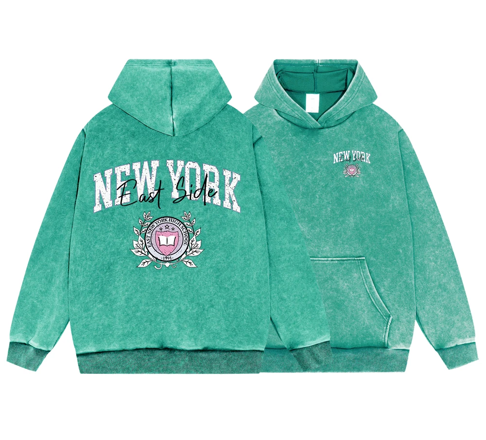 

New York East Side Mens Vintage Washed Cotton Hoodies Autumn Crewneck Pullover Hoodie Fashion Casual Soft