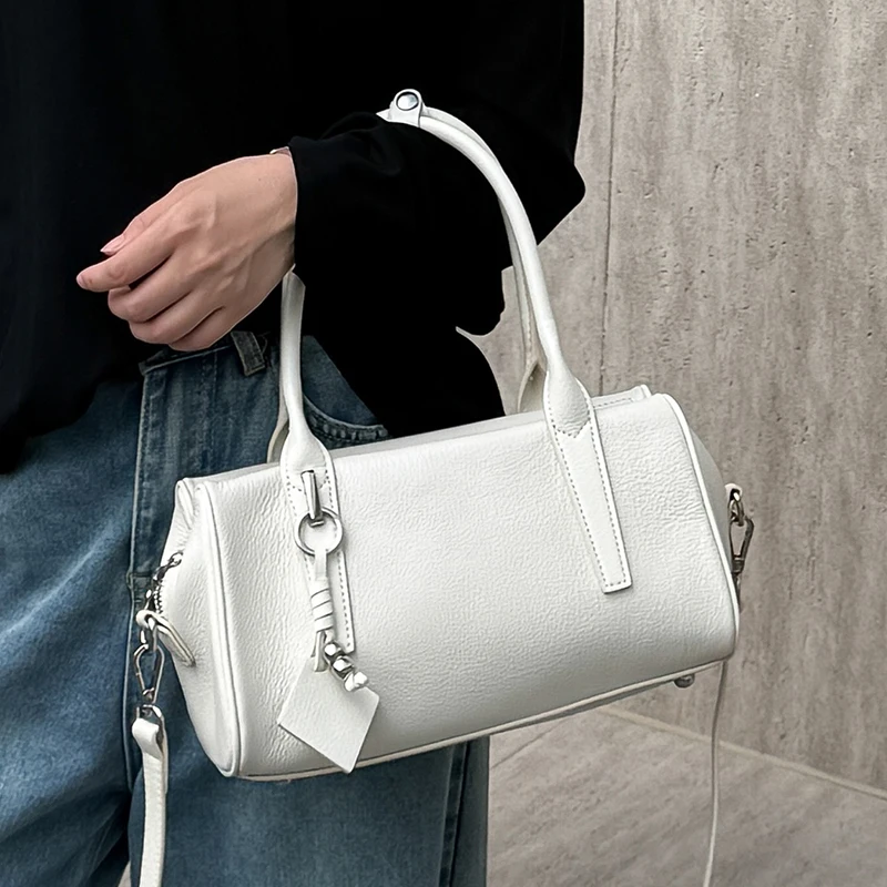 

Women's Coffee Cowhide Genuine Leather Shoulder Bags Female Designer Retro Boston Tote Soft Matte Crossbody Cow Leather Bag