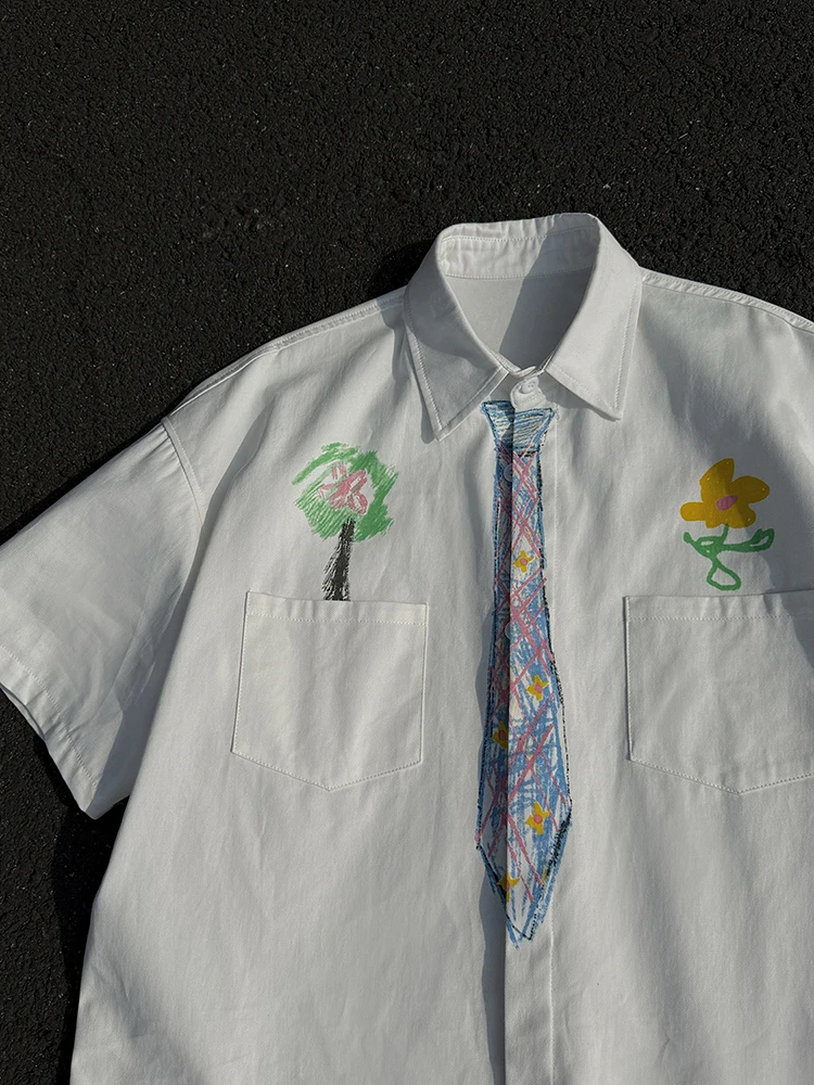 

Retro American Hand-Painted Tie White Short-Sleeved Cotton Shirt for Men Summer Design Trendy College Style Pure Cotton Shirt