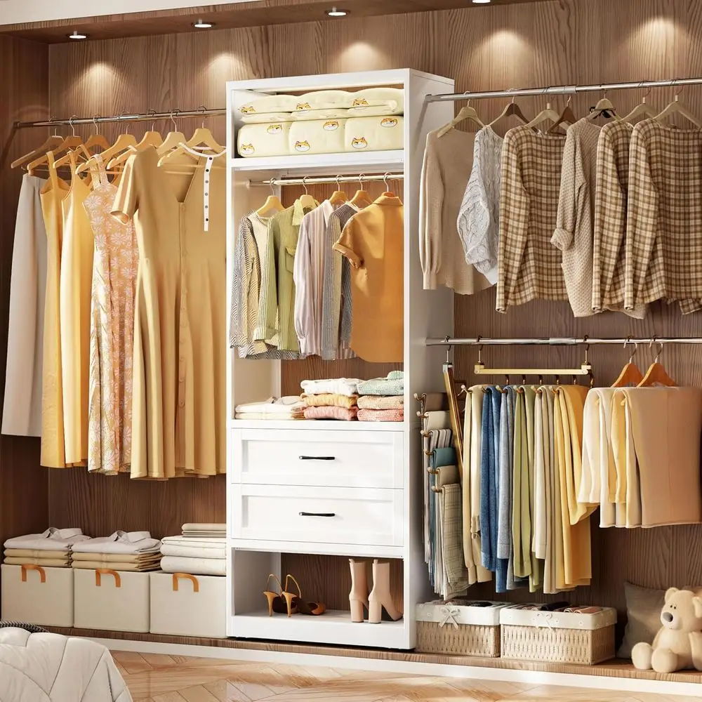 

4-8ft Metal Walk-in Closet Organizer with 2 Drawers and 4 Expandable Hanging Rods