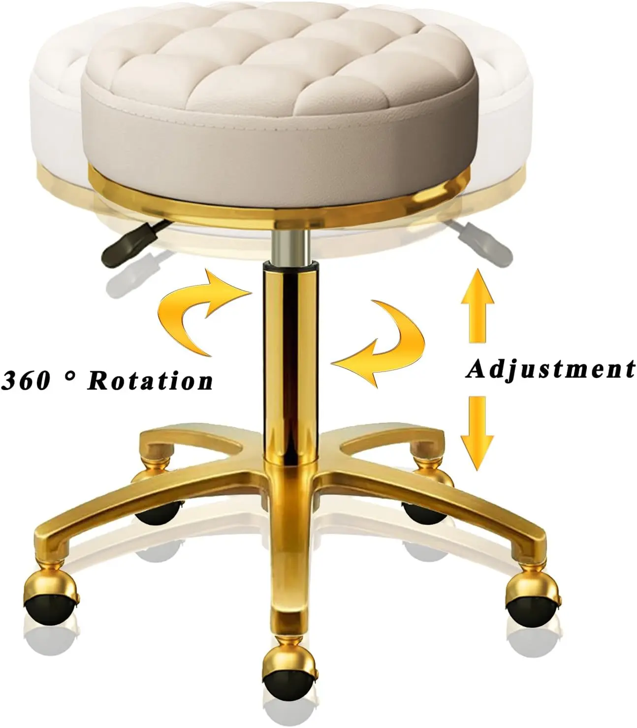 Stool Gold Vanity Stool with Wheels, Pedicure Massage Roller Stools, PU Leather Round Swivel Salon Spa Chair, Titanium Gold Base