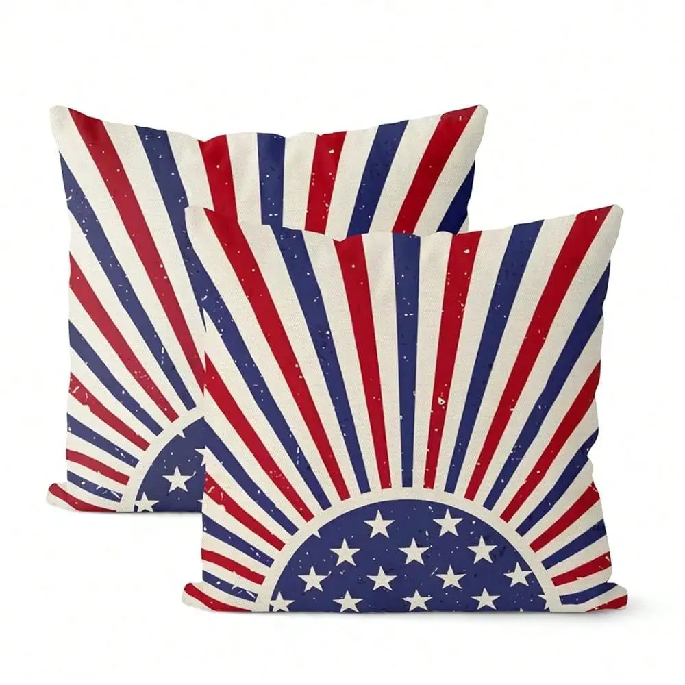 

Of July Pillow Covers 18x18 Inch 2 Pcs Blue Red Striped Sunshine Outdoor Decor Throw Pillows Patriotic Star Farmhouse Holiday D