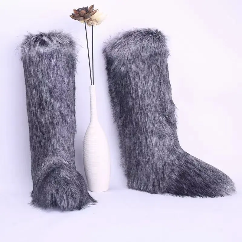 Winter Knee High Fluffy Boots Ladies Furry Faux Fox Fur Long Warm Shoes Women New Designer Plush Knee High Fur Boots Girls