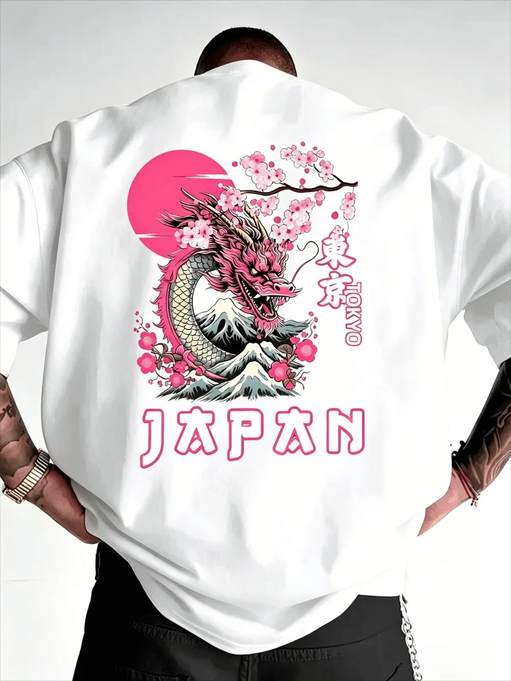 Tokyo Cherry Blossom Dragon Design 3D Print Breathable Men's Loose Large-Sized TShirt Outdoor Leisure Street Trend Hip Hop Style