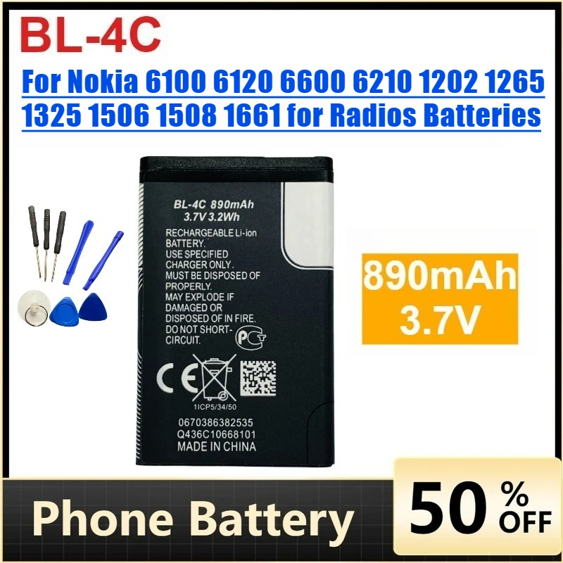 

BL-4C 890mAh 3.7V Lithium Polymer Phone Battery for Nokia 6100 6120 6600 6210 1202 1265 1325 1506 1508 1661 for Radios Batteries
