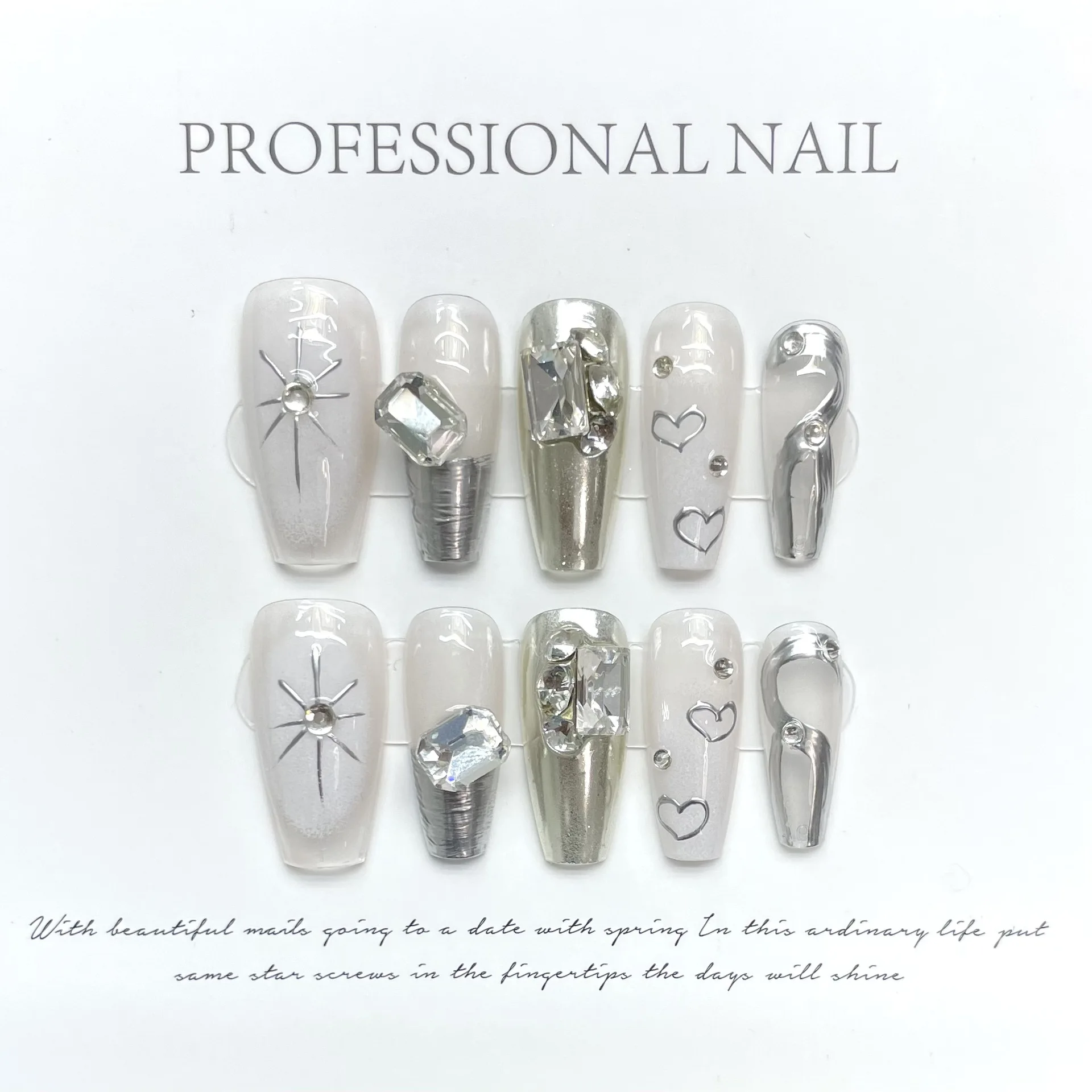 10Pcs Silvery Handmade Fake Nails with Heart-shaped Rhinestone Long Ballet Press on False Nails Wearable Full Cover Nail Tips