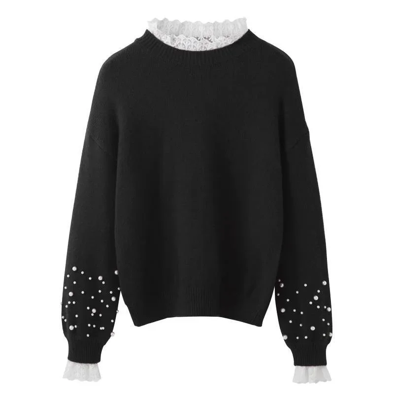 

Lace Splicing Pearl Female Pullover Trend Harajuku Thermal Basic Jumper Japanese Style Original Light Knitted Sweaters for Women