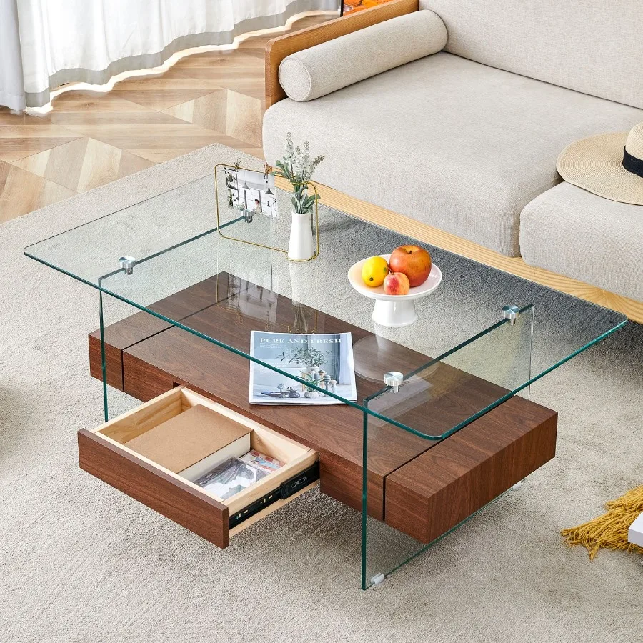 

43.3 Inch Modern TwoTier Coffee Table Clear Tempered Glass and Walnut Grain Texture Multifunctional Storage Design.The bm tier