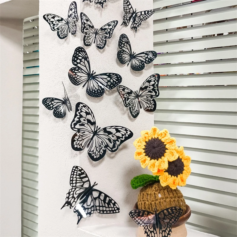 

12pcs Black Butterfly Wall Stickers Hollowed-out 3D Room Decoration Wall Art PVC Furniture Home Beautification Decorations