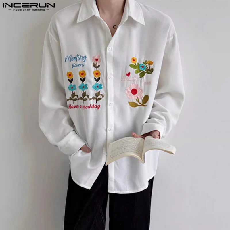 

INCERUN Мужская рубашка с цветочной вышивкой и лацканами с длинным рукавом, свободная мужская одежда, уличная одежда, модные повседневные мужские рубашки 2025, топы S-5XL