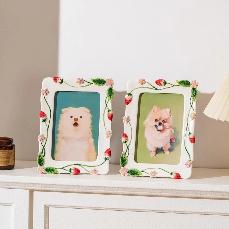 Ceramic Strawberry Pet Photo Frame,Hand-painted 4x6 Inch,Protective Glass,Easy Photo Swap,Creamy Rustic Tabletop Decor,Cute Gift