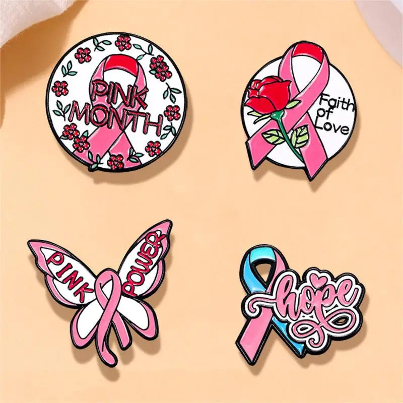 4pcs Pink Ribbon Enamel Brooch Set
