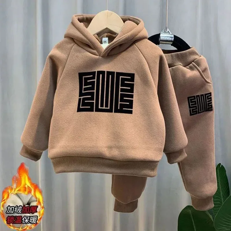 Boy's Plush Suit Children's Fleece Hooded Sweater+Sweatpant Fashion Maze Thickened Kids Tracksuit Baby 2pcs/set Outfits Clothing