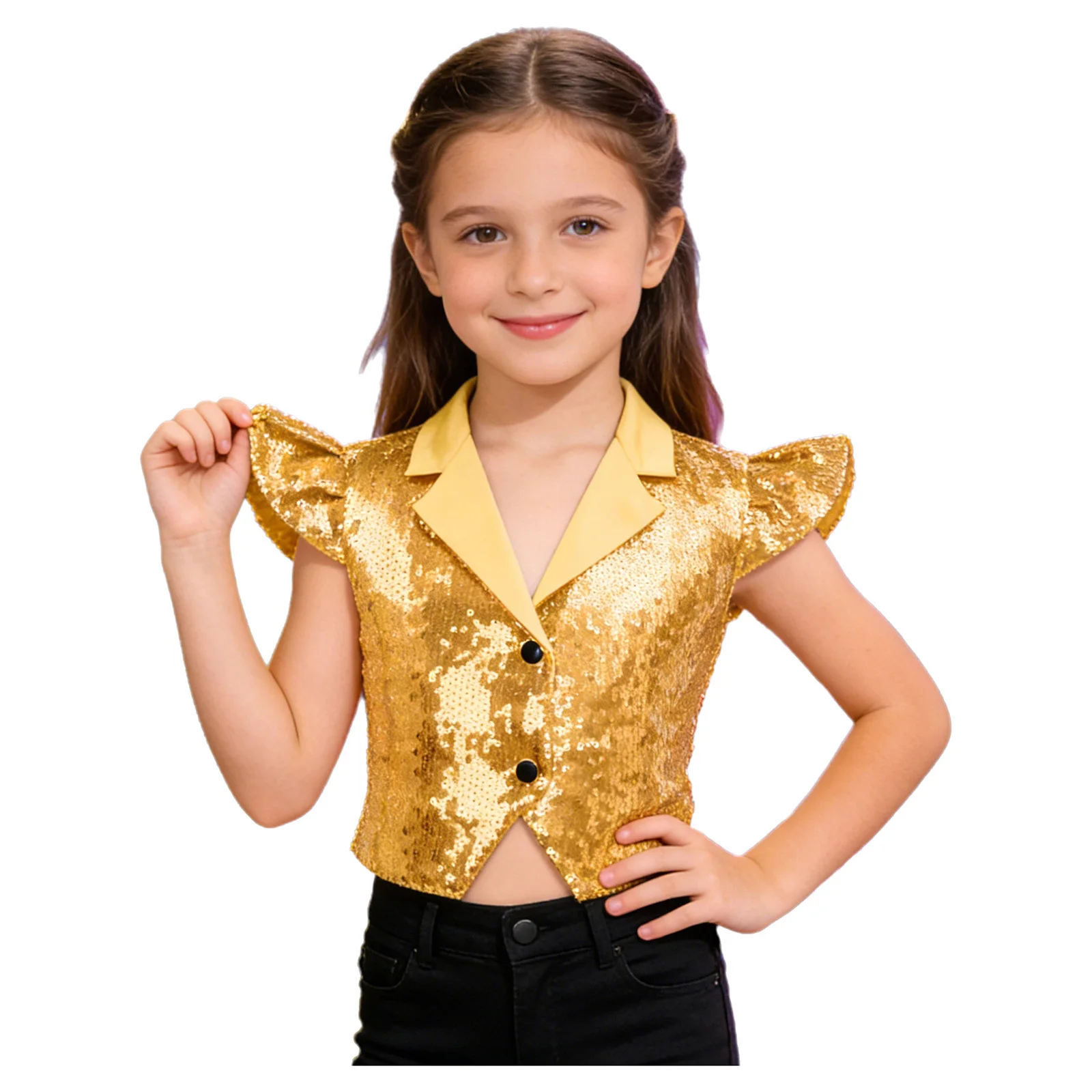 

Kids Girls Shiny Sequin Jazz Hip Hop Dance Waistcoat Fly Sleeve Notched Lapel Button Crop Vest for Disco Party Prom Performance