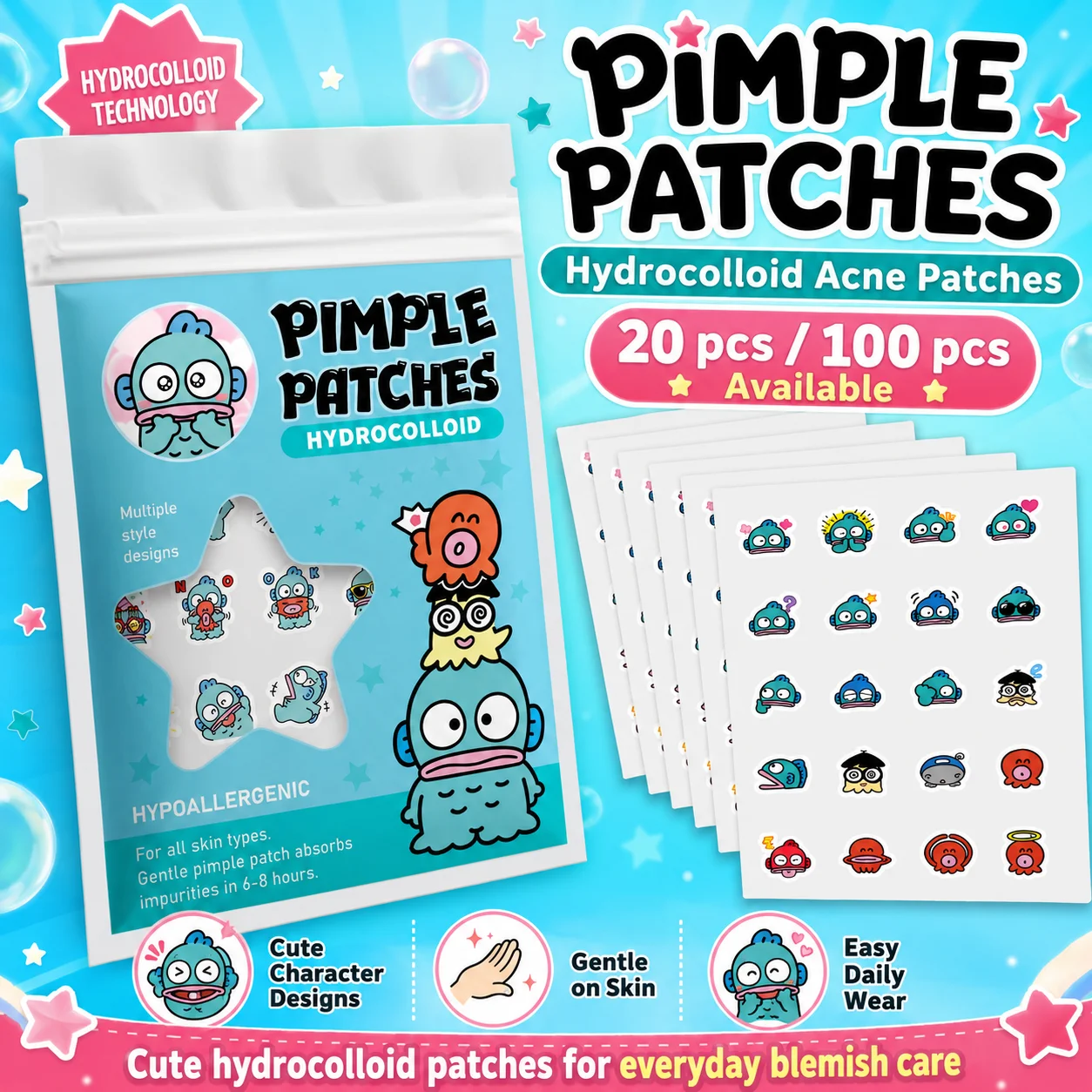 100/20PCS Cute Clownfish Hydrocolloid Pimple Patches, Waterproof Blemish Spot Covers, Gentle Face Stickers, Fun Designs. - view 5