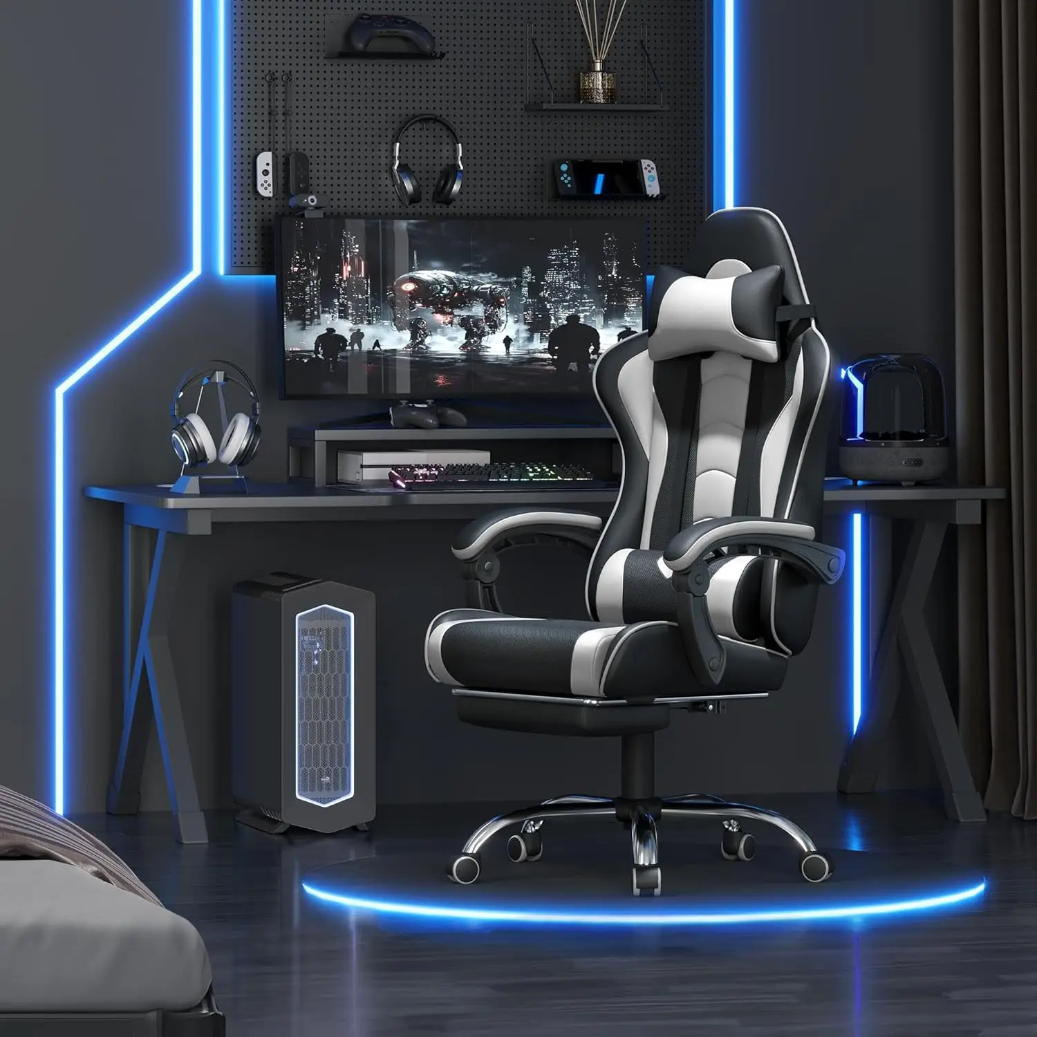 

Height Adjustable Ergonomic Gaming Chair, Video Game Chair with Massage Lumbar Support & Footrest, Customized